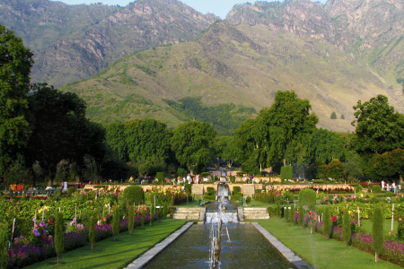 The twelve descending terraces of water and flowers.